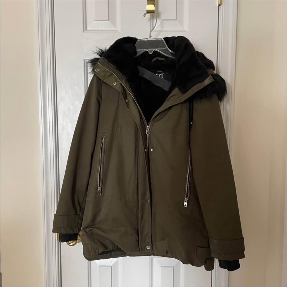 Zara Olive Green Puffer Jacket with Black Fur Hood